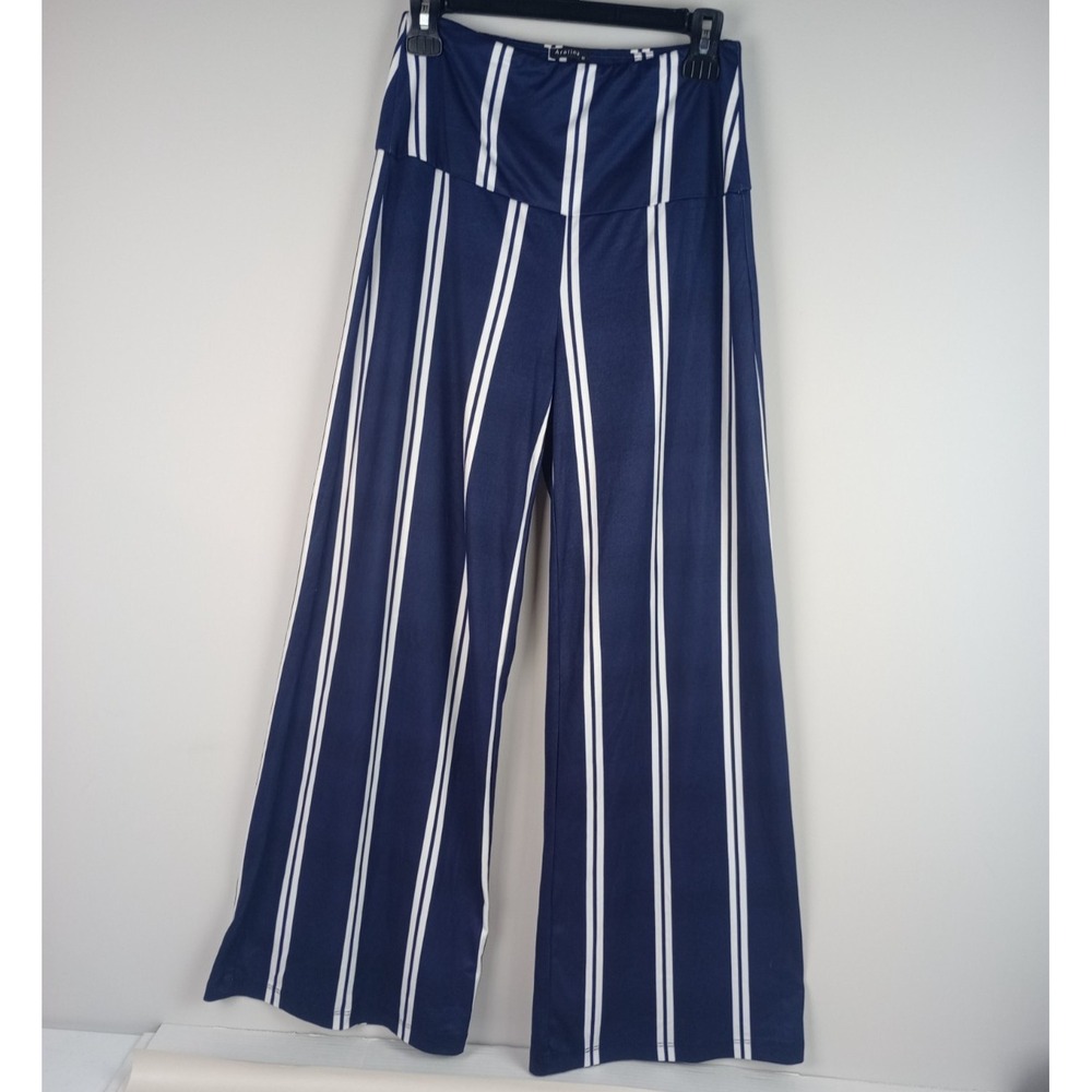 Arolina Women's M Dark Blue White Striped Wide Leg Pull On Pants Slacks
